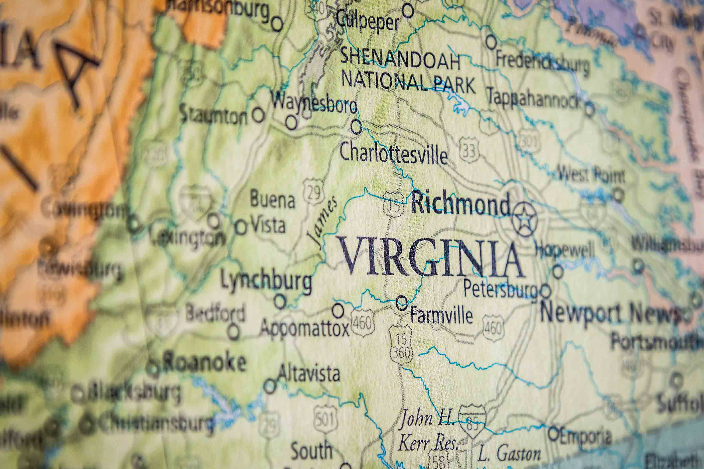 Closeup Selective Focus Of Virginia State On A Geographical And Political State Map Of The USA.